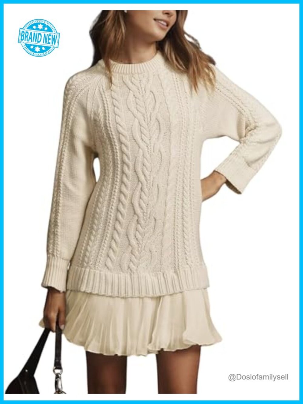 Cable Knit Sweater Mini Dress Crewneck Long Sleeve Pleated Twofer